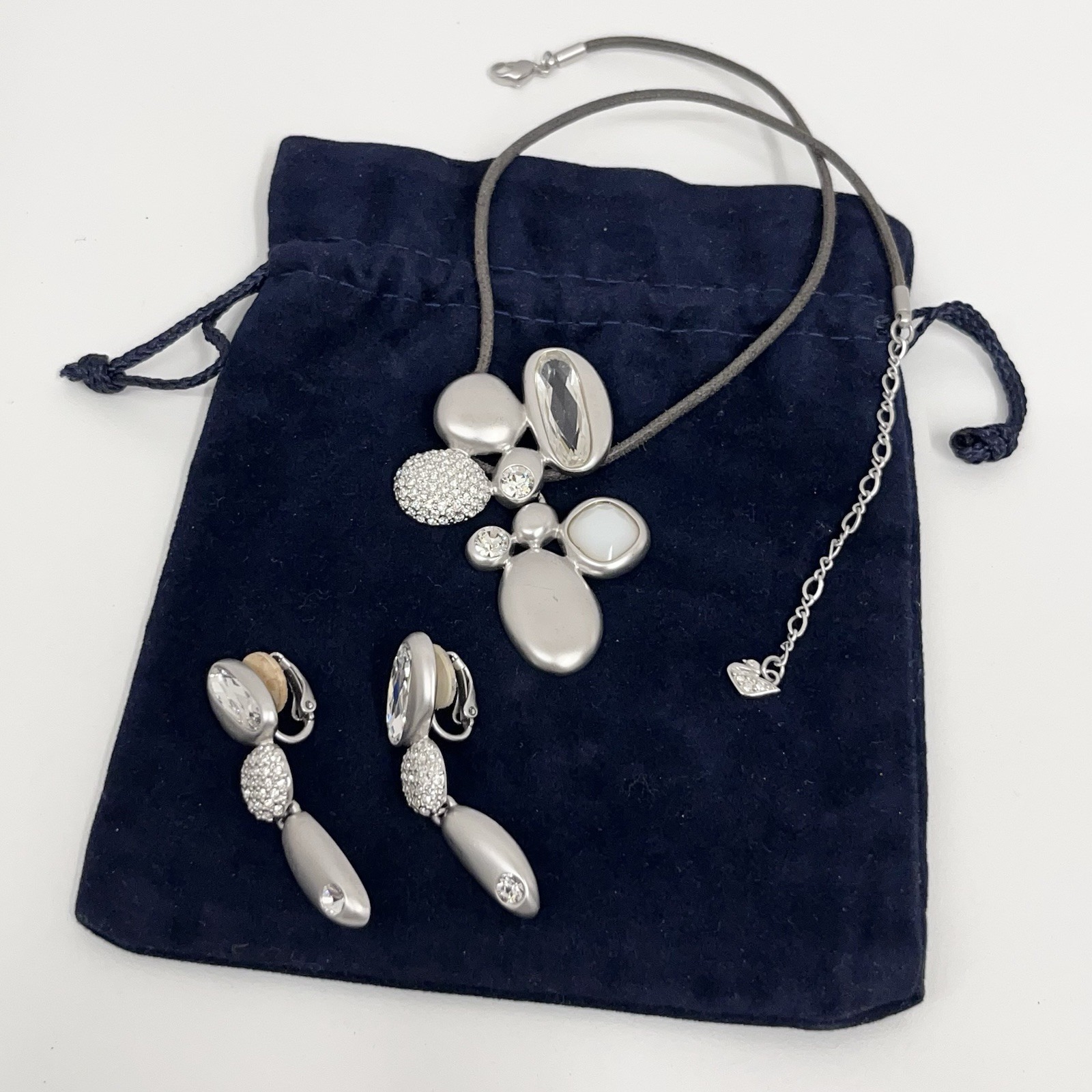Swarovski Swan Mark Crystal Silver Necklace And Earrings Set Modernist Design